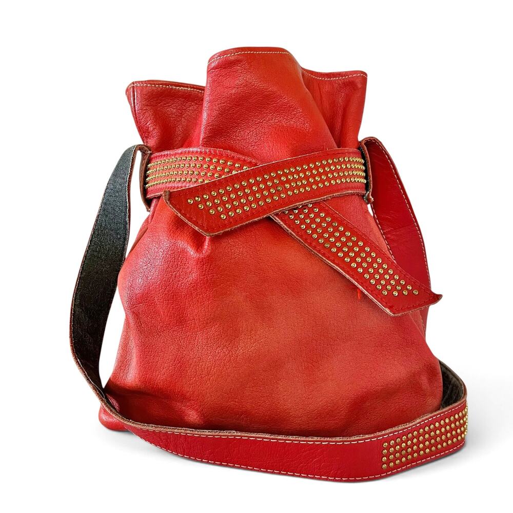 Vintage L.J. Simone Red Leather Glam Studded Belt Crossbody Hobo Bucket Bag